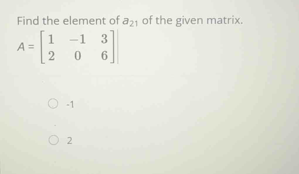 find the element of \\(a_{21}\\) of the given matrix. \\a = \\begin{bma…