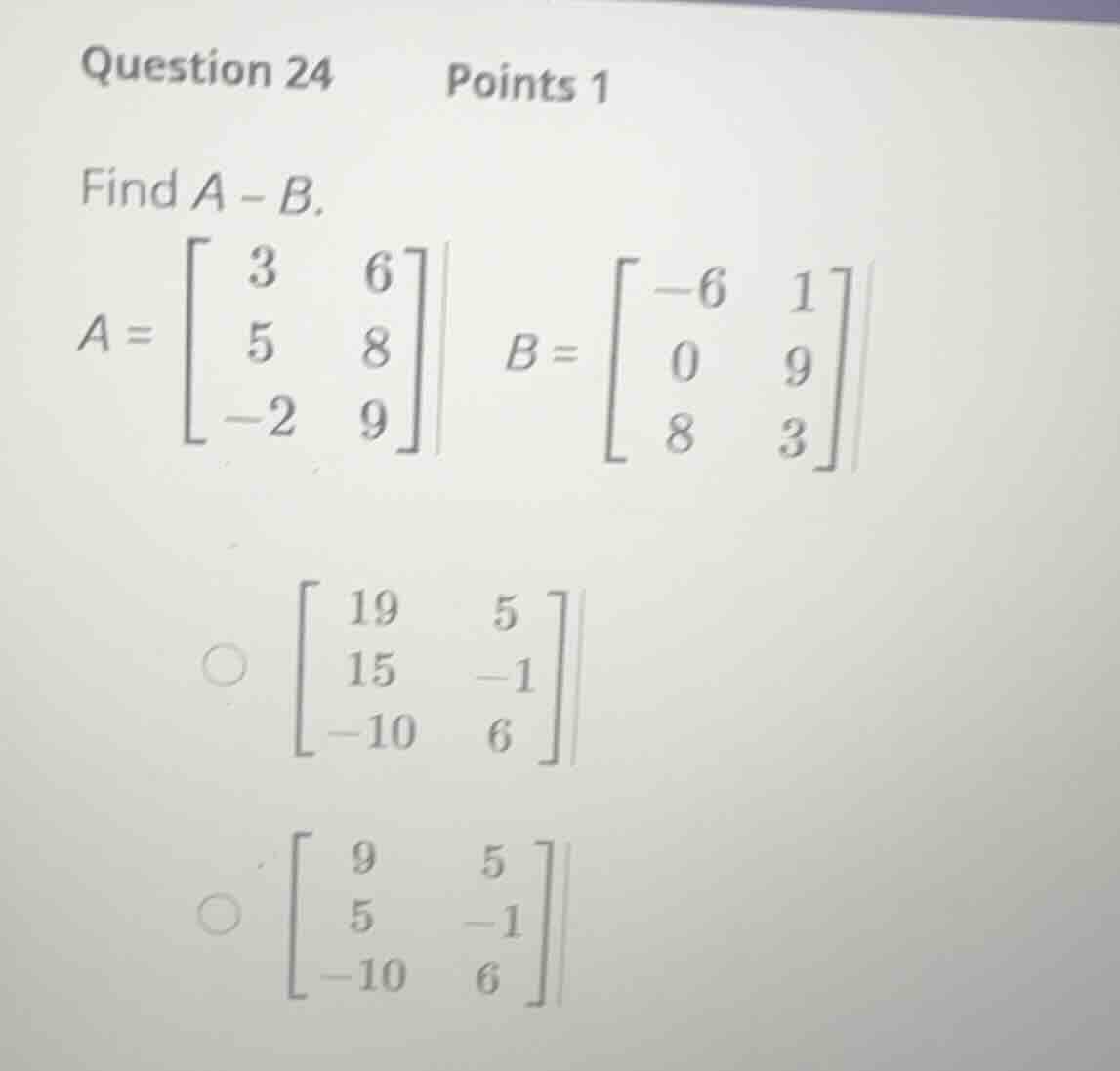 question 24 points 1 find \\(a - b\\). \\a = \\begin{bmatrix} 3 & 6 \\\…
