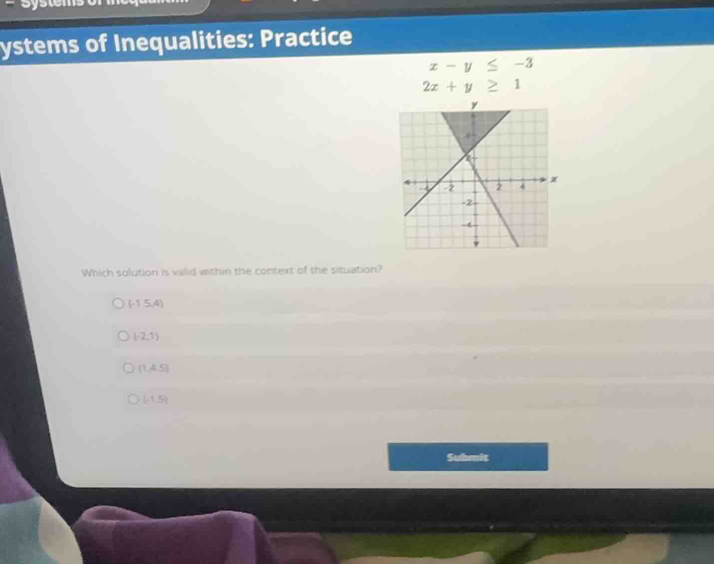 systems of inequalities: practice \\ \\begin{aligned} x - y &\\le -3 \\…