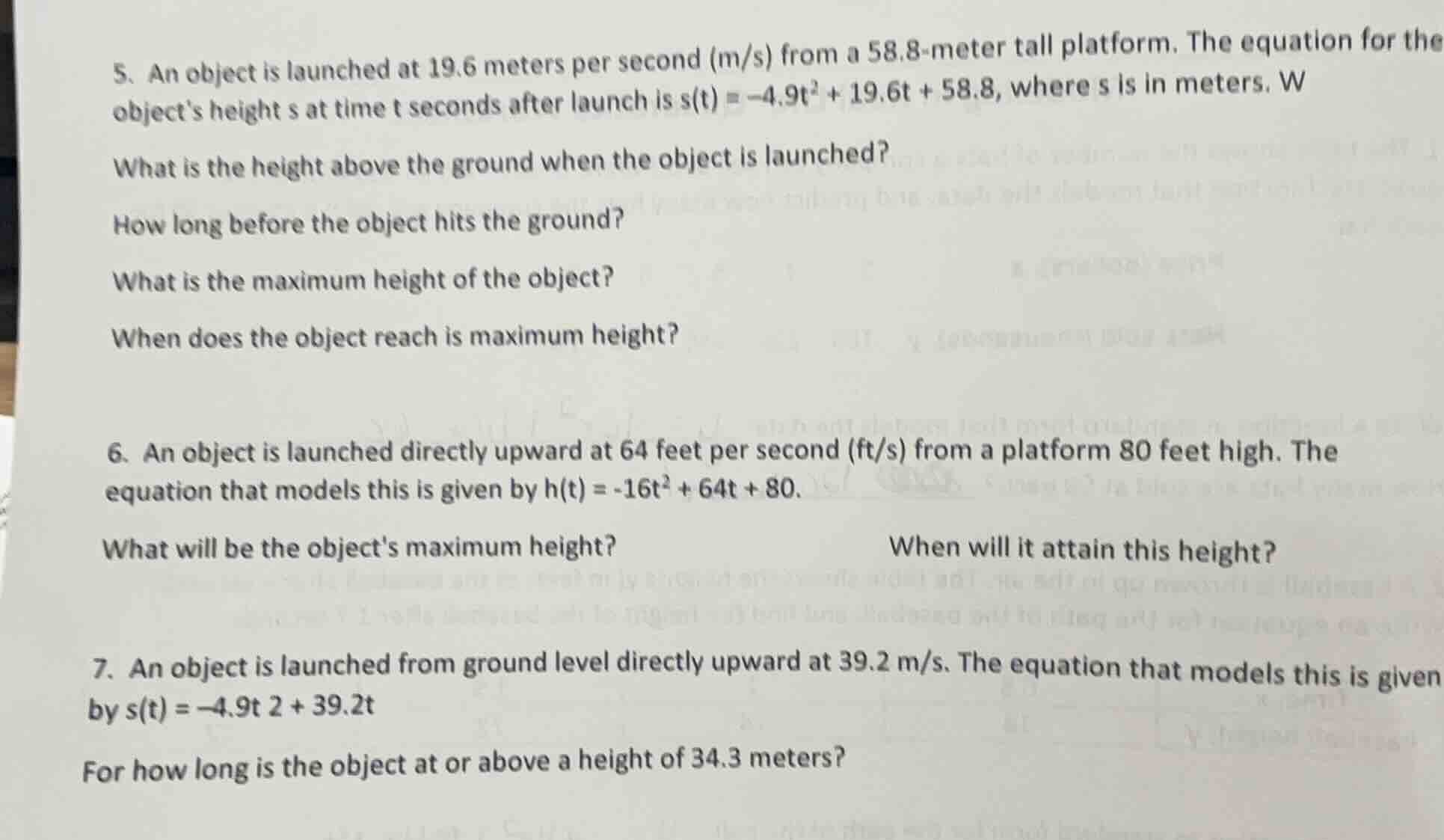 5. an object is launched at 19.6 meters per second (m/s) from a 58.8-me…
