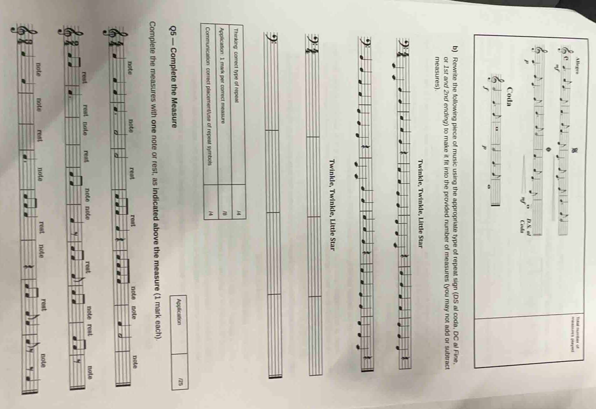 b) rewrite the following piece of music using the appropriate type of r…