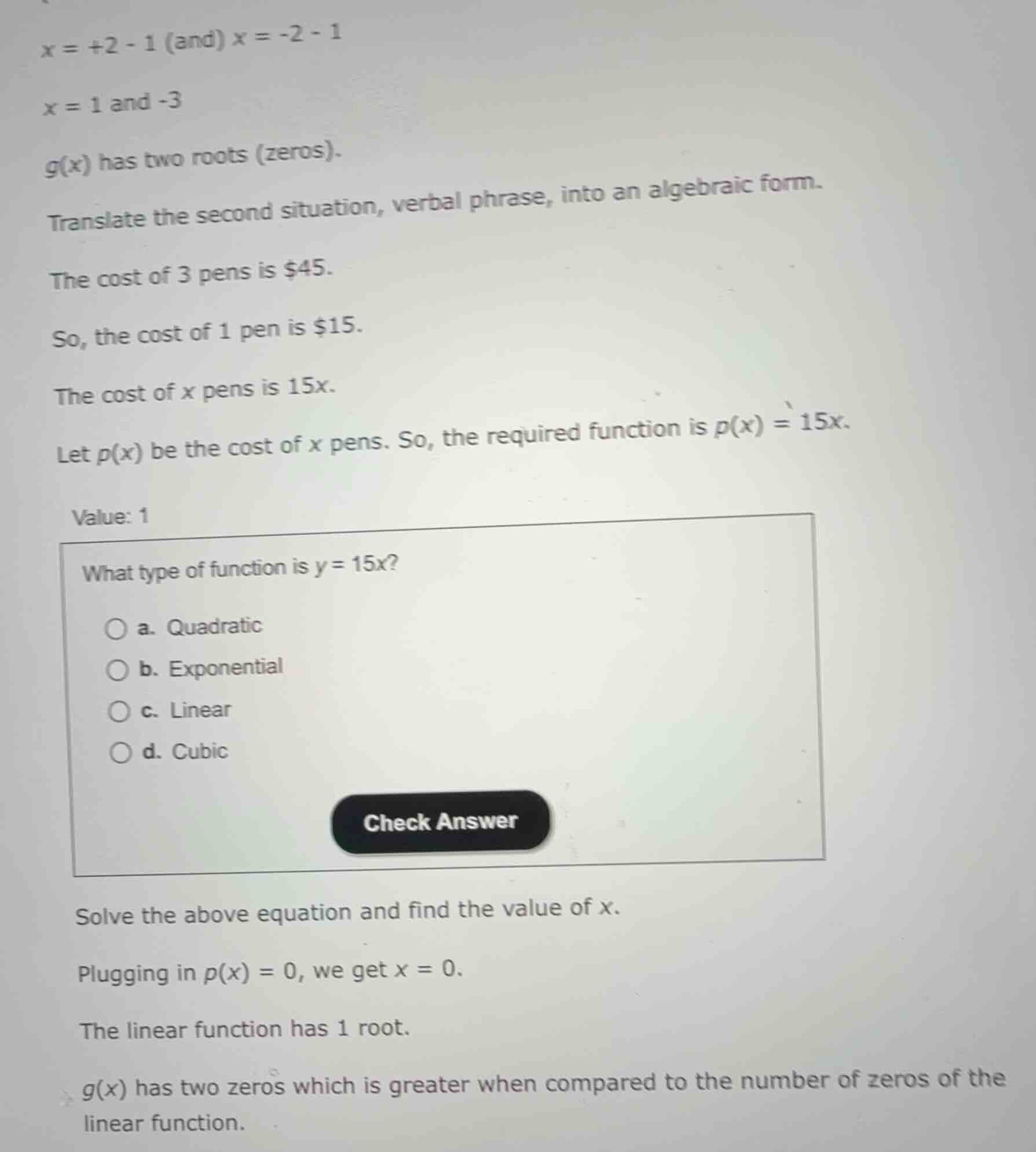 what type of function is \\(y = 15x\\)? a. quadratic b. exponential c. …