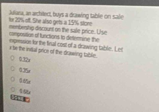 juliana, an architect, buys a drawing table on sale for 20% off. she al…