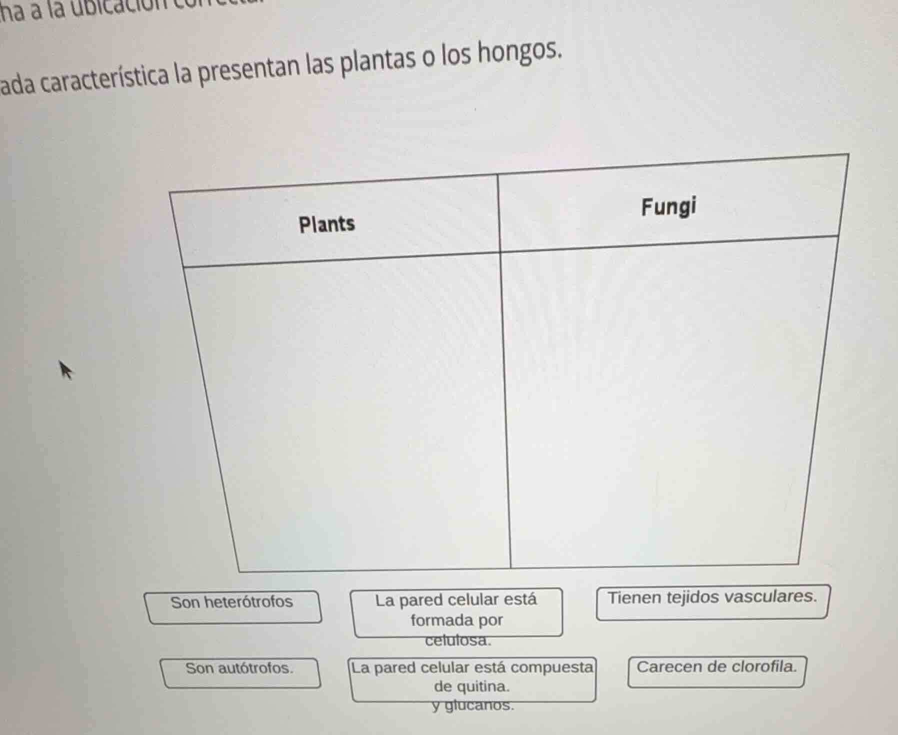 ada característica la presentan las plantas o los hongos. plants | fung…