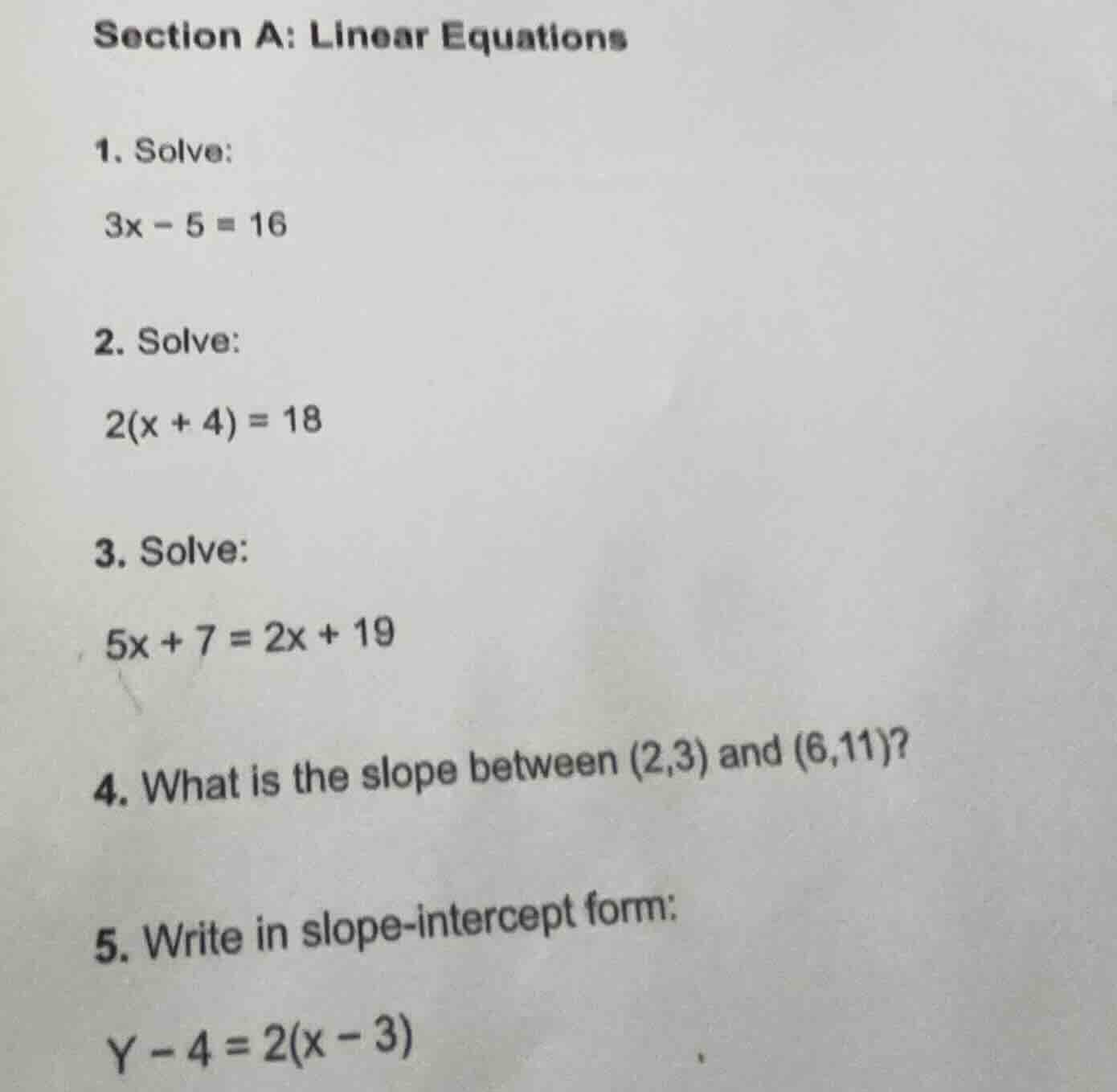 section a: linear equations 1. solve: \\(3x - 5 = 16\\) 2. solve: \\(2(…