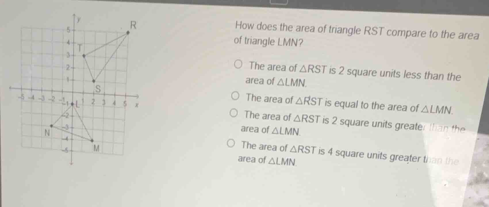 how does the area of triangle rst compare to the area of triangle lmn? …