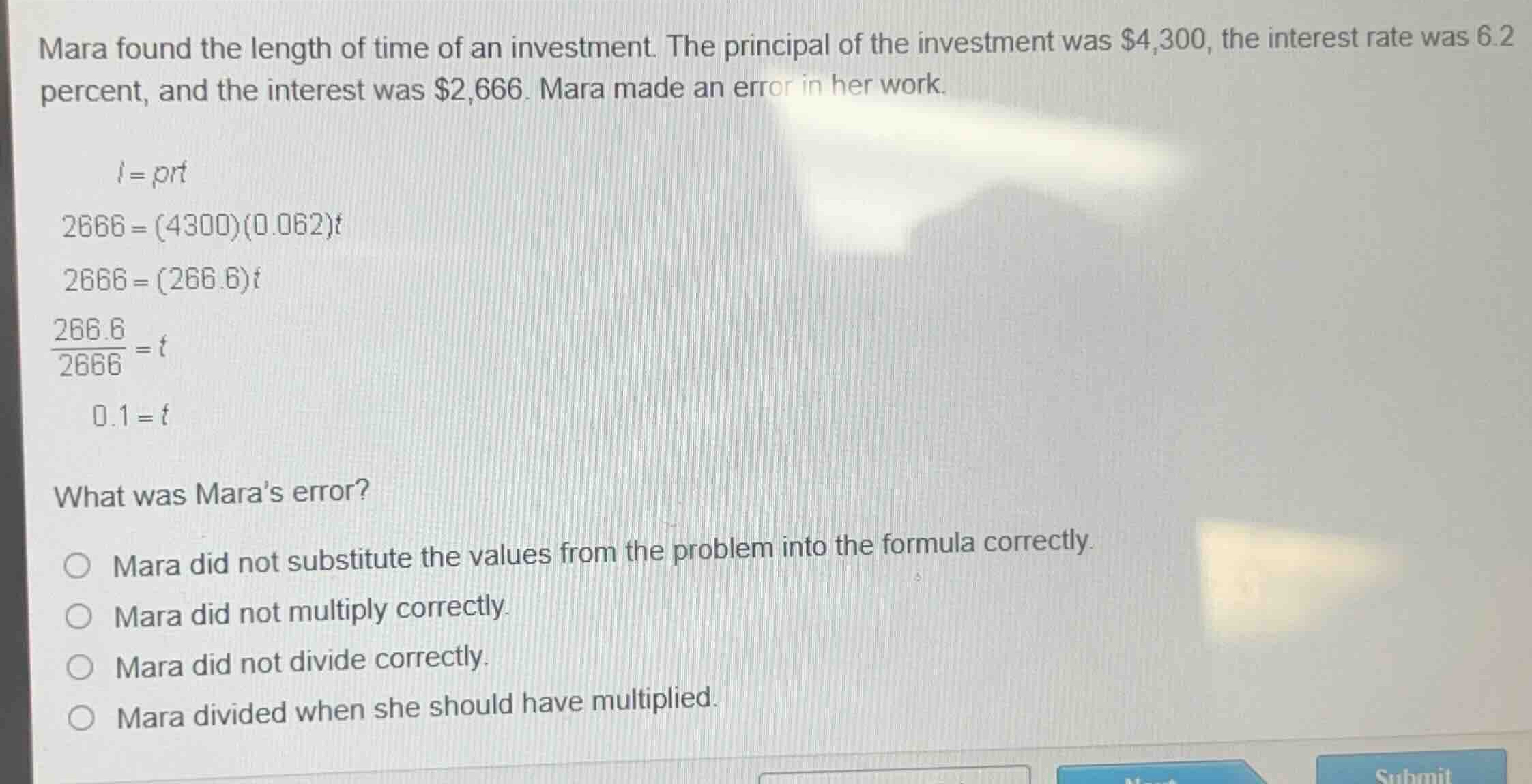 mara found the length of time of an investment. the principal of the in…