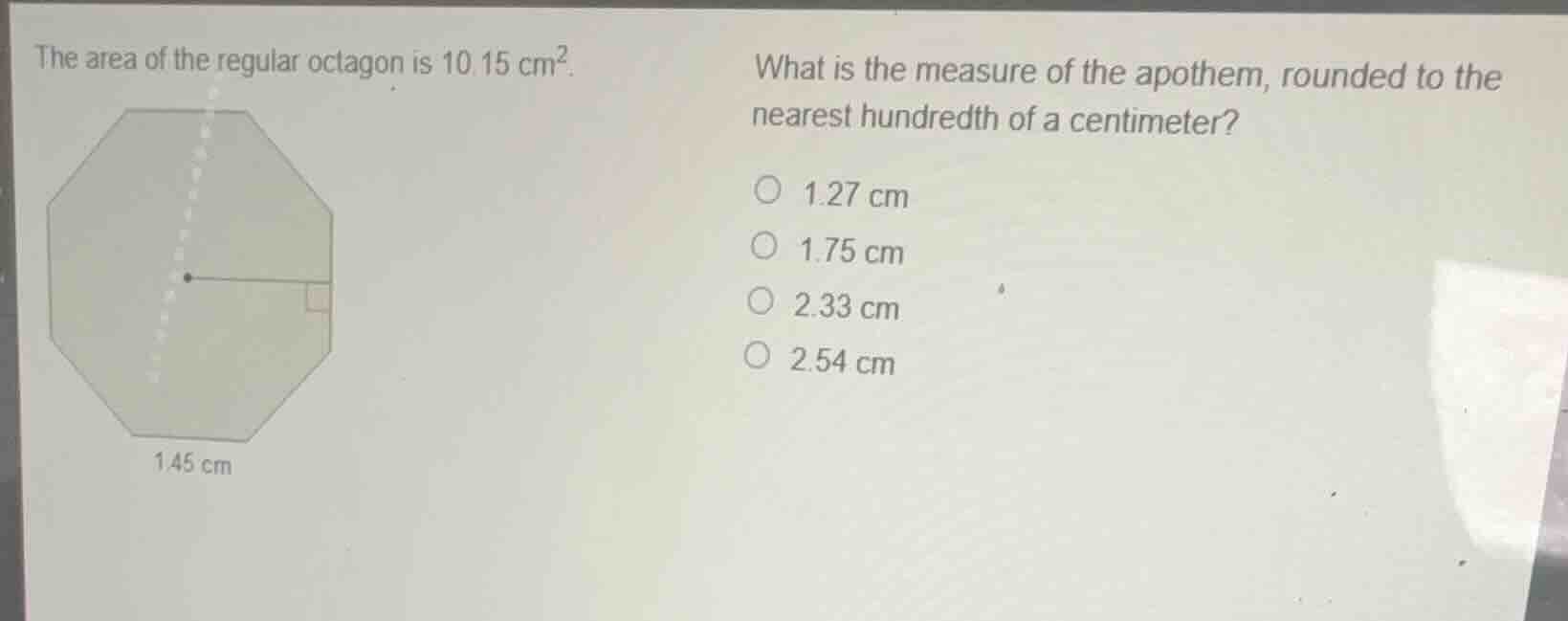 the area of the regular octagon is \\(10.15\\text{ cm}^2\\). what is th…