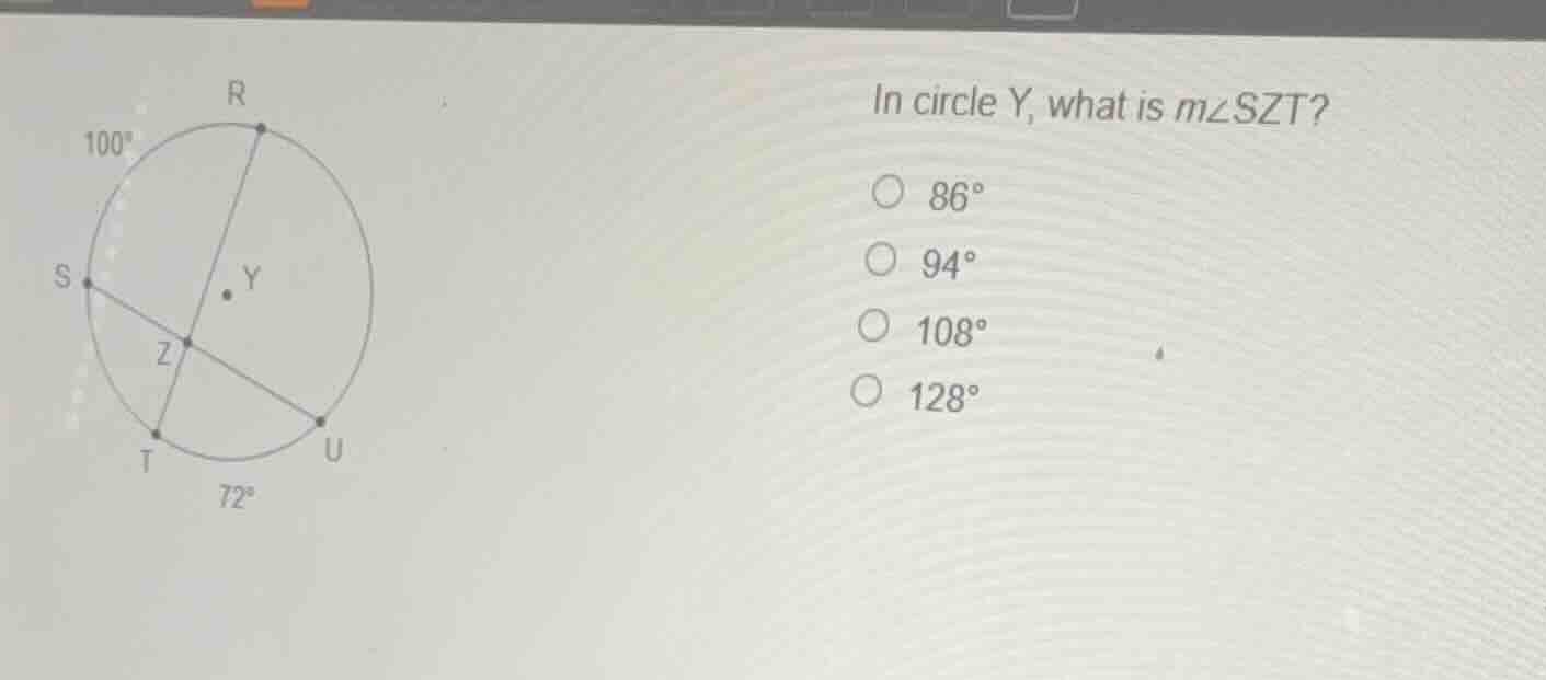 in circle y, what is \\(m\\angle szt\\)? \\(86^\\circ\\) \\(94^\\circ\\…