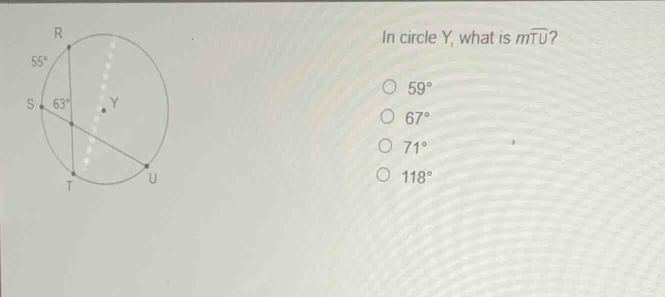 in circle y, what is \\(m\\widehat{tu}\\)? \\(59^\\circ\\) \\(67^\\circ…