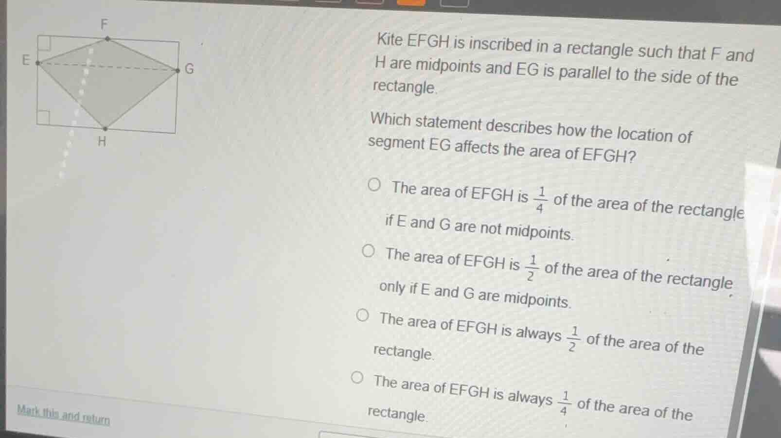 kite efgh is inscribed in a rectangle such that f and h are midpoints a…