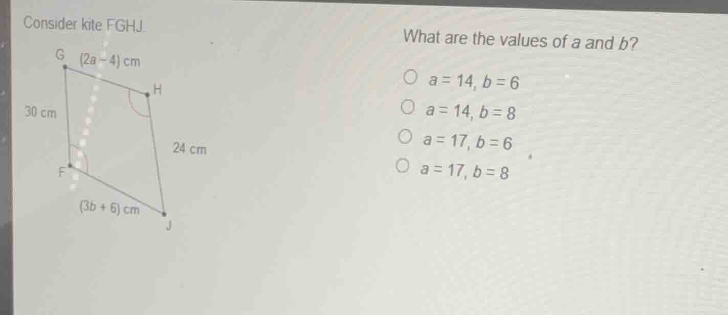 consider kite fghj. what are the values of (a) and (b)? - (a = 14, b = …
