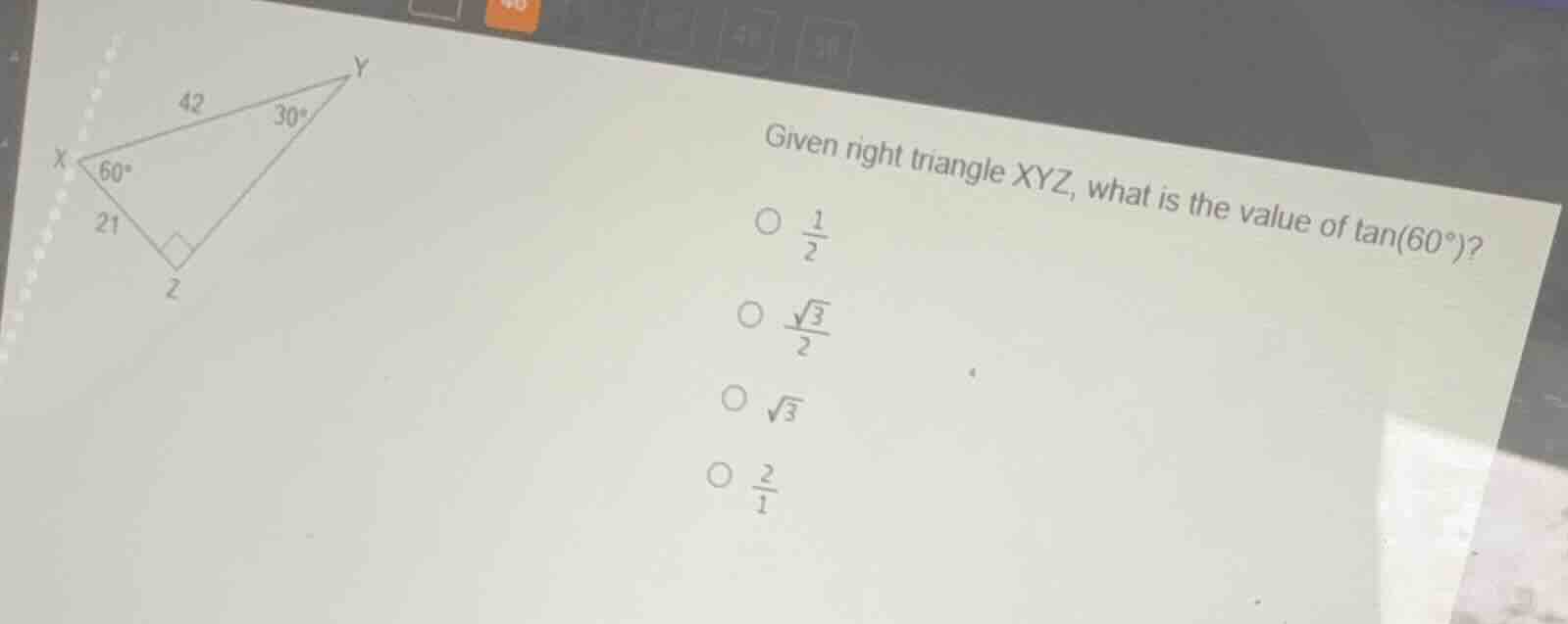 given right triangle xyz, what is the value of \\(\\tan(60^\\circ)\\)? …