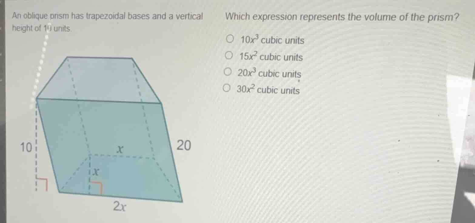 an oblique prism has trapezoidal bases and a vertical height of 10 unit…