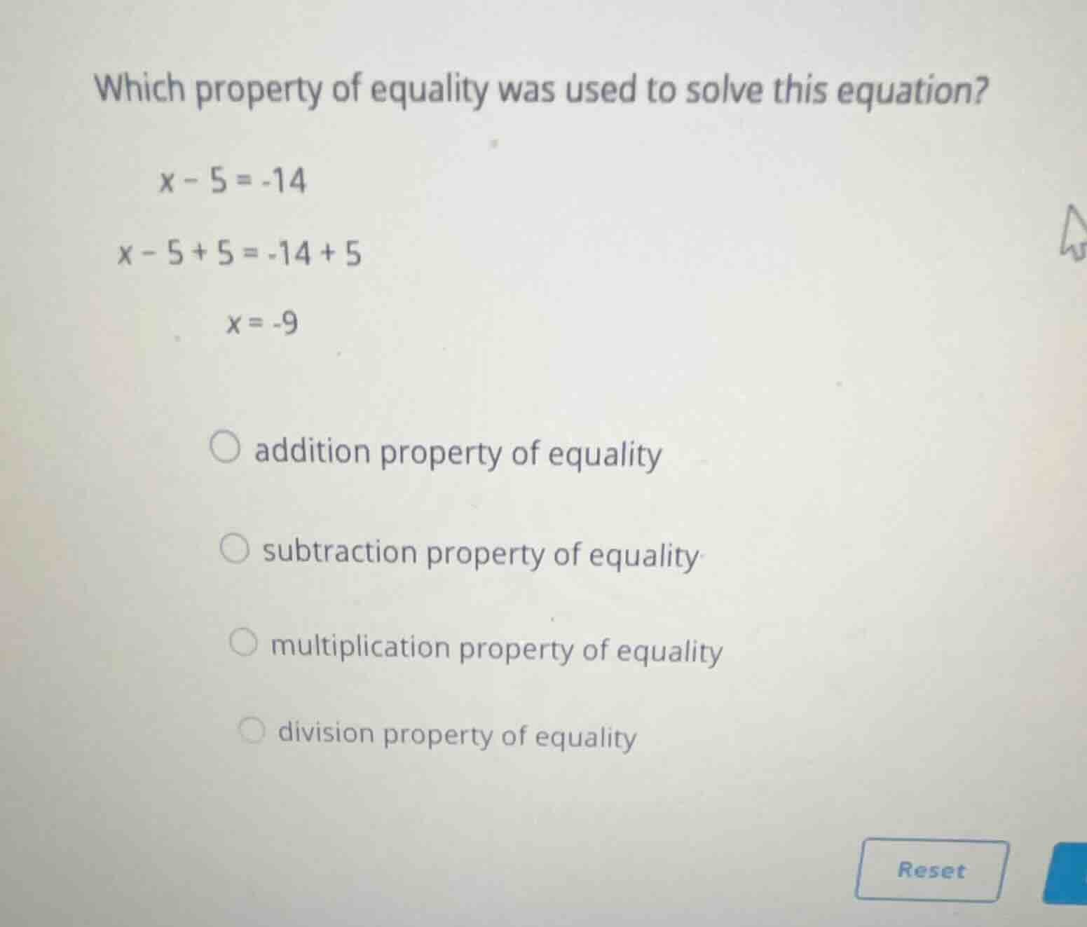 which property of equality was used to solve this equation? \\(x - 5 = …