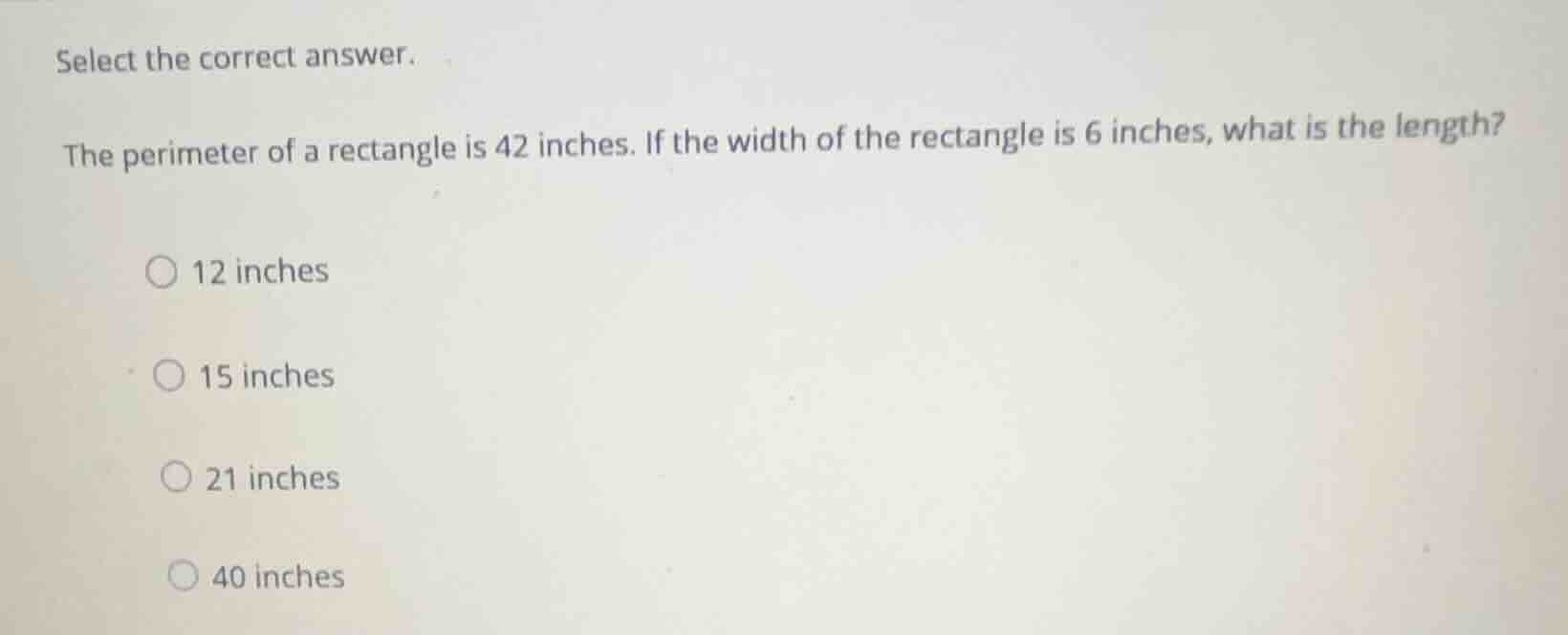 select the correct answer. the perimeter of a rectangle is 42 inches. i…