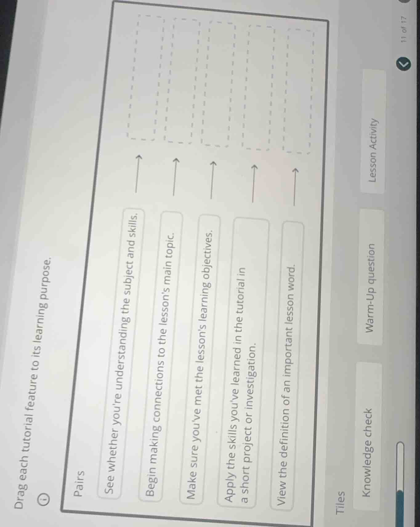 drag each tutorial feature to its learning purpose. pairs see whether y…
