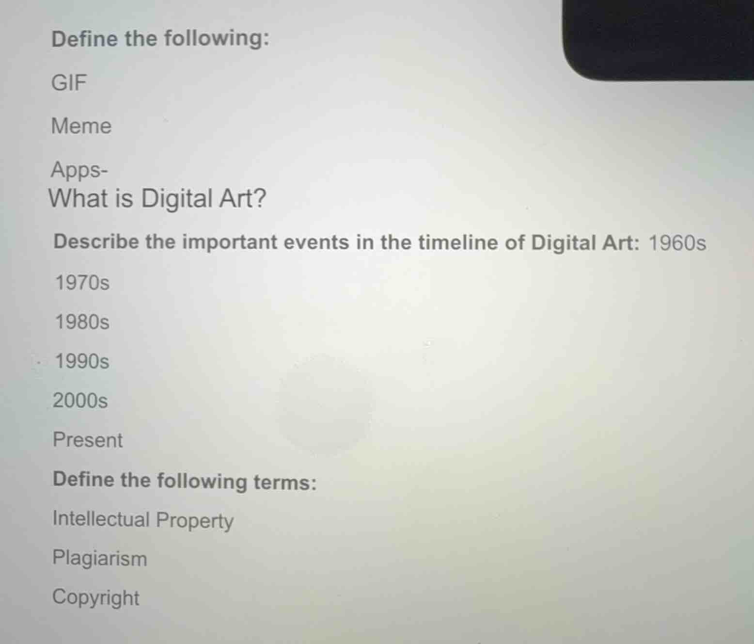 define the following: gif meme apps- what is digital art? describe the …