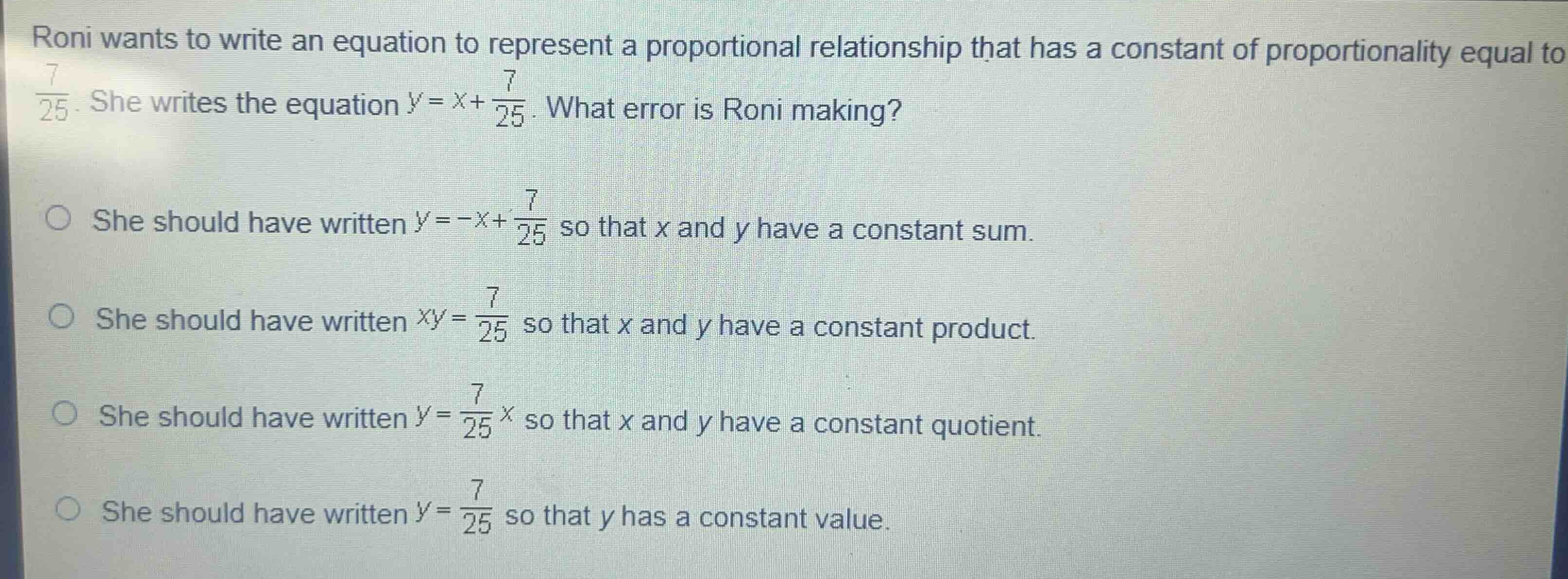 roni wants to write an equation to represent a proportional relationshi…