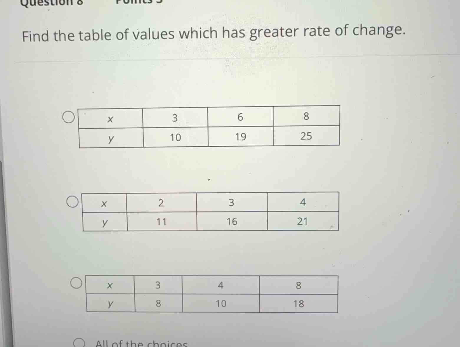 find the table of values which has greater rate of change.