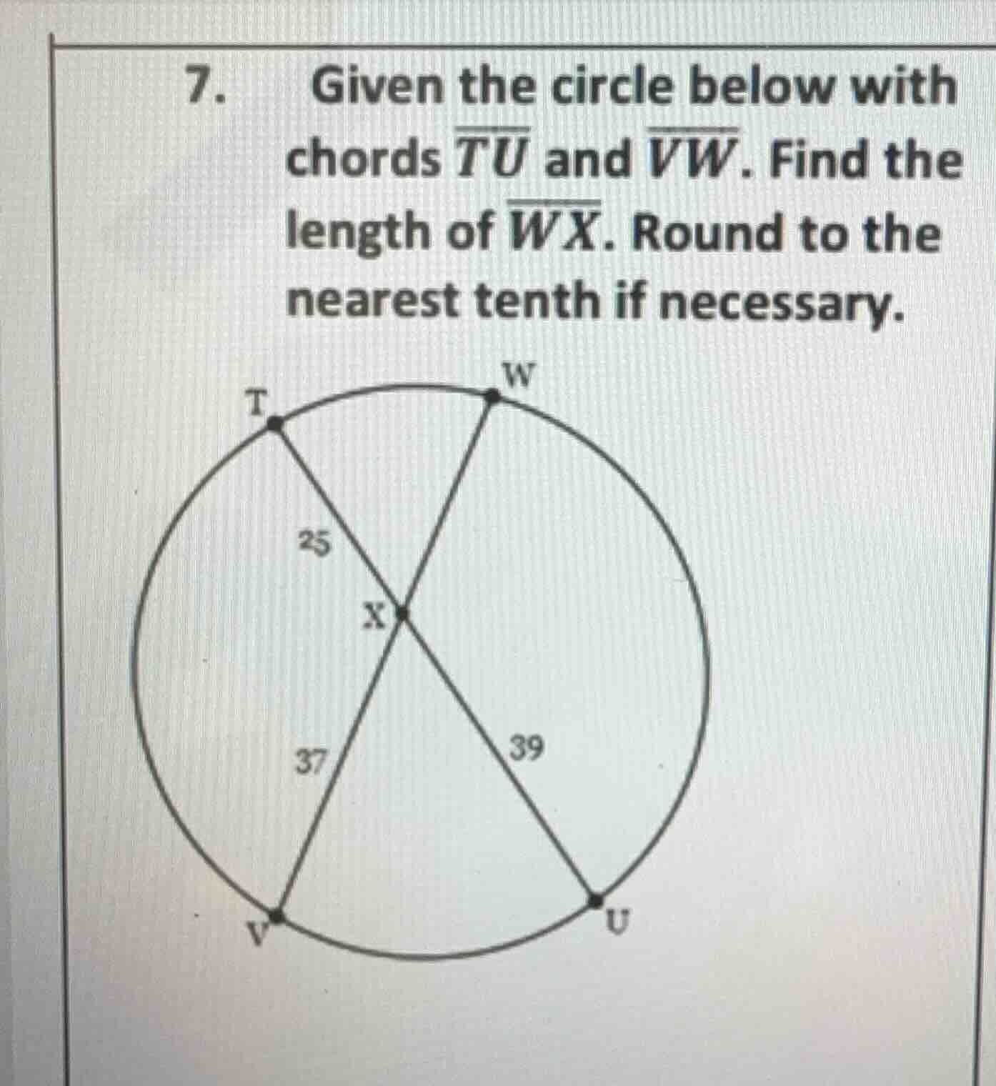 7. given the circle below with chords \\(\\overline{tu}\\) and \\(\\ove…