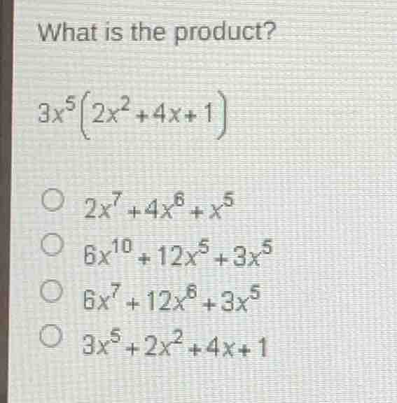 what is the product? (3x^5(2x^2 + 4x + 1)) - (2x^7 + 4x^6 + x^5) - (6x^…