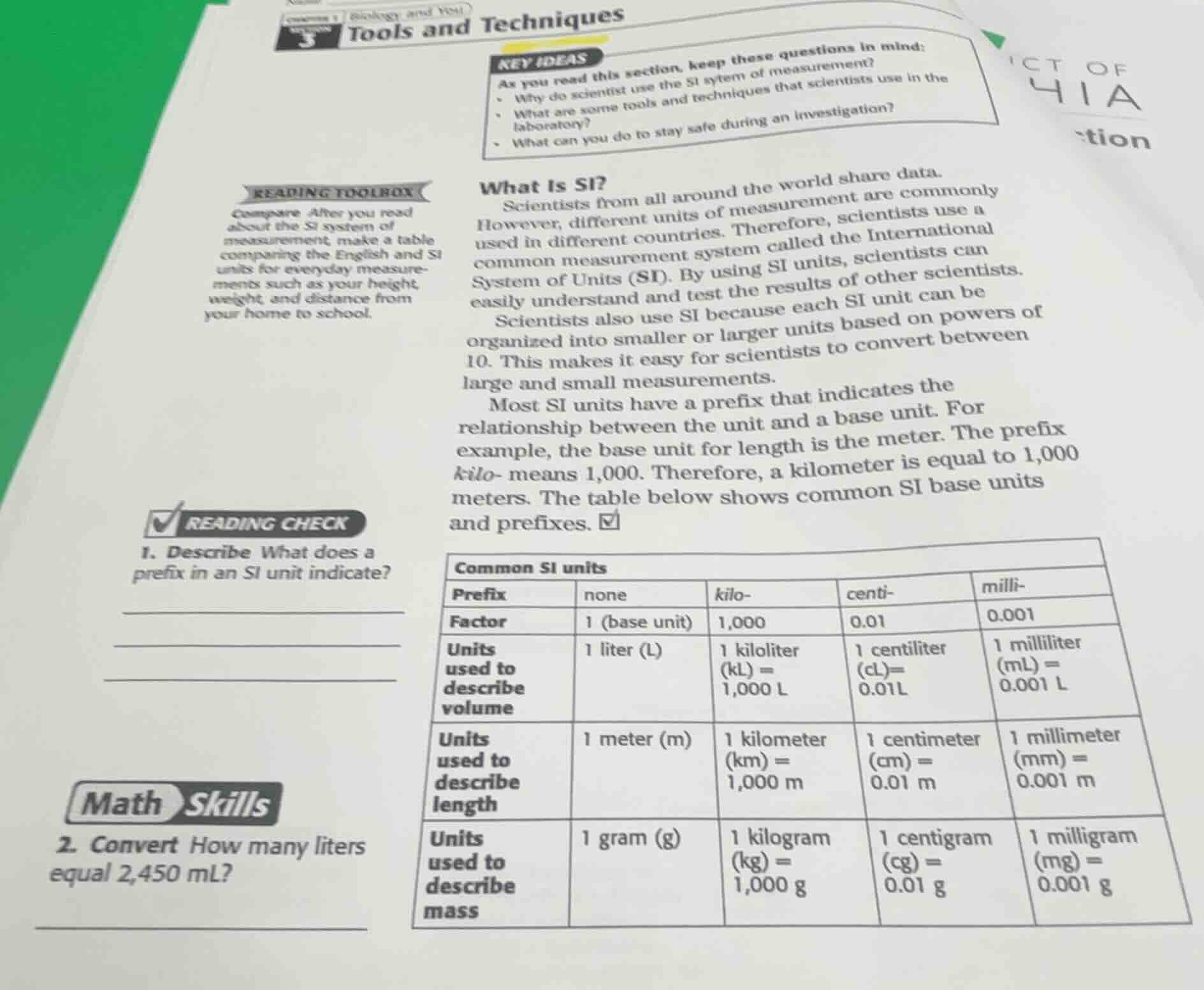 reading check 1. describe what does a prefix in an si unit indicate? ma…