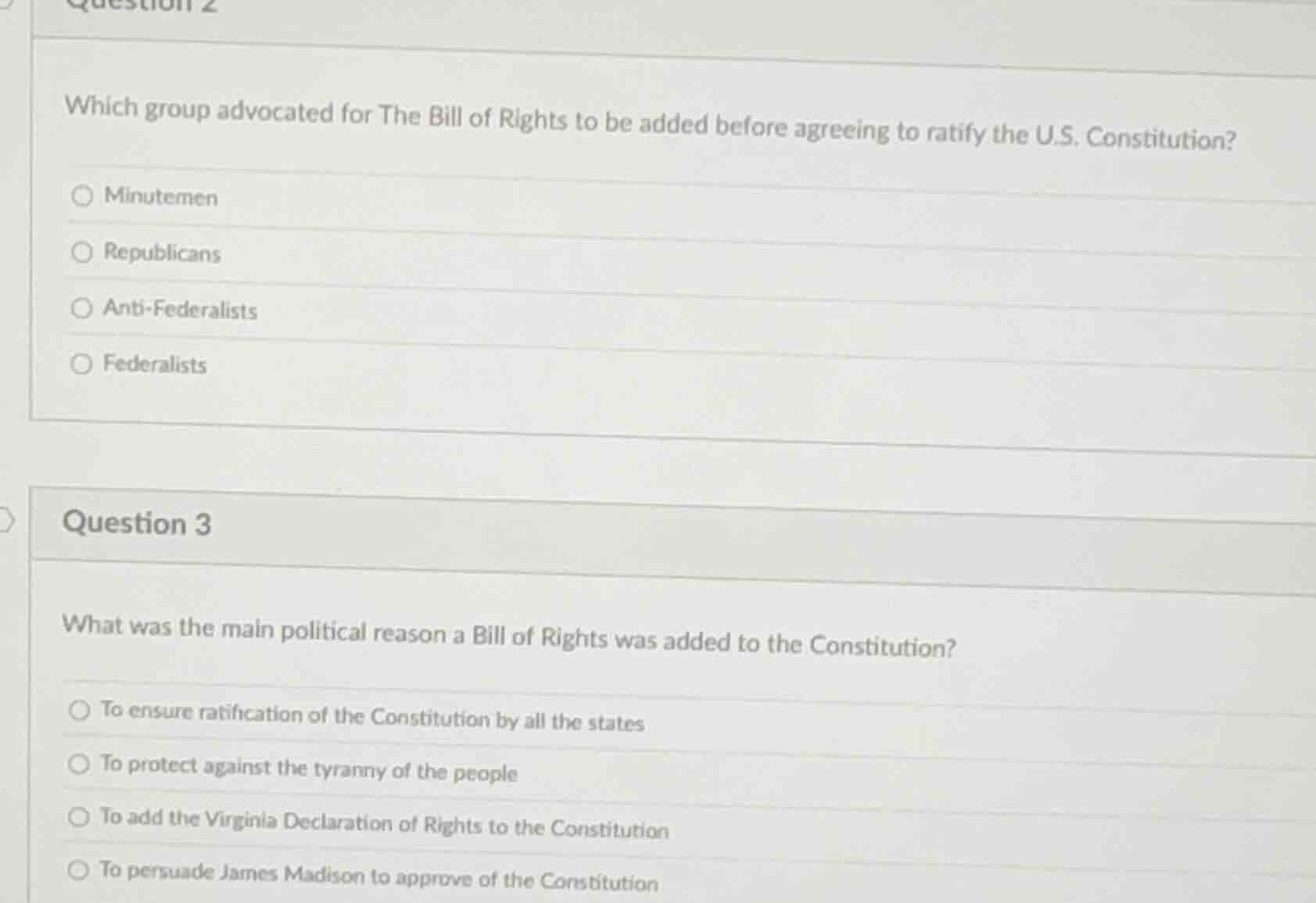 question 2 which group advocated for the bill of rights to be added bef…