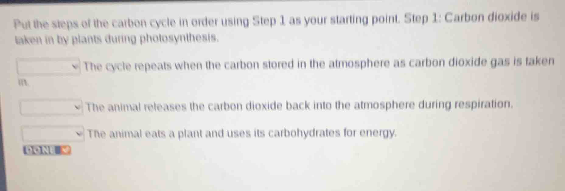 put the steps of the carbon cycle in order using step 1 as your startin…