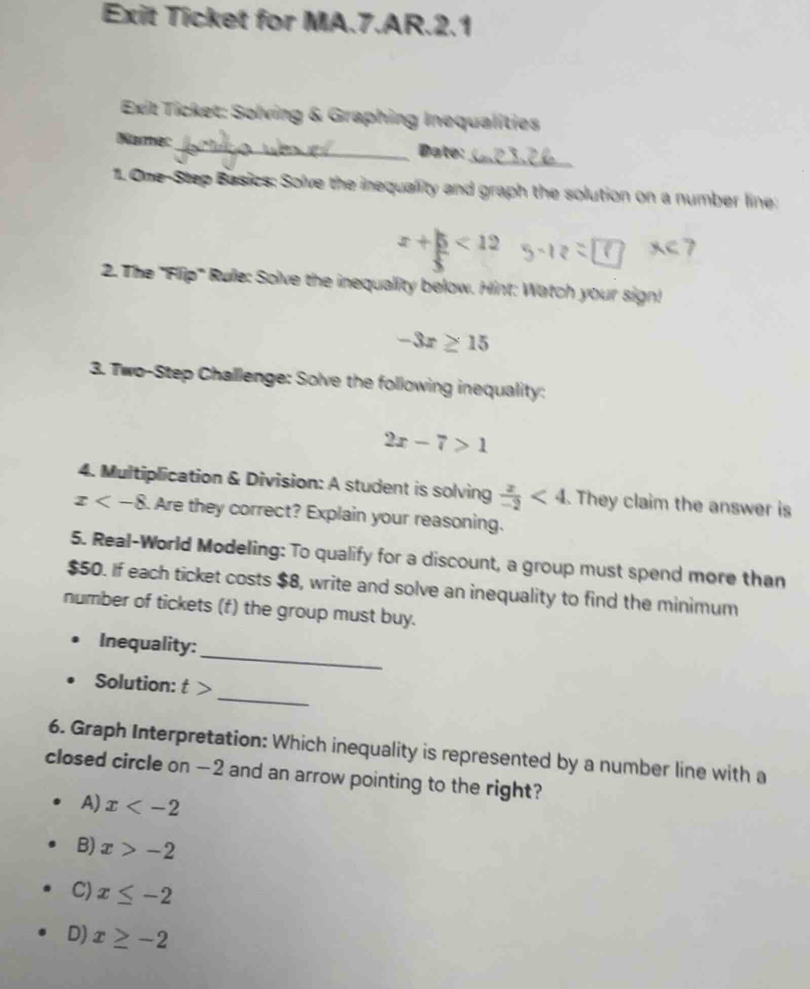 exit ticket for ma.7.ar.2.1 exit ticket: solving & graphing inequalitie…