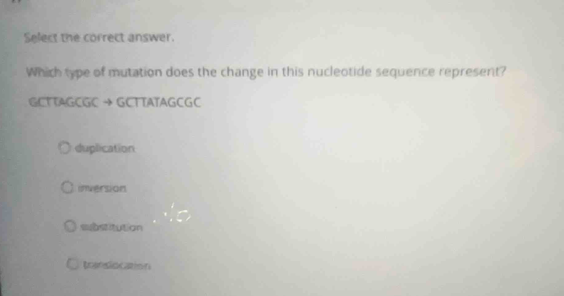 select the correct answer. which type of mutation does the change in th…
