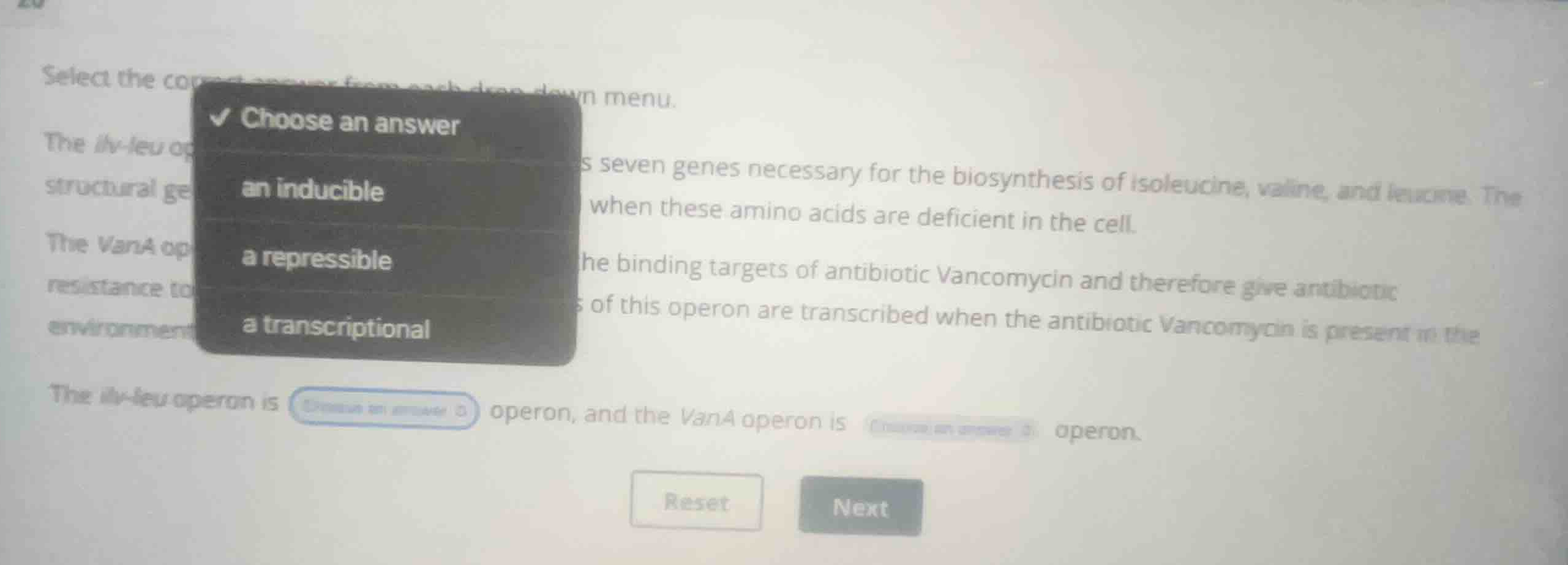 select the correct answer from each drop-down menu. the ilv-leu operon …