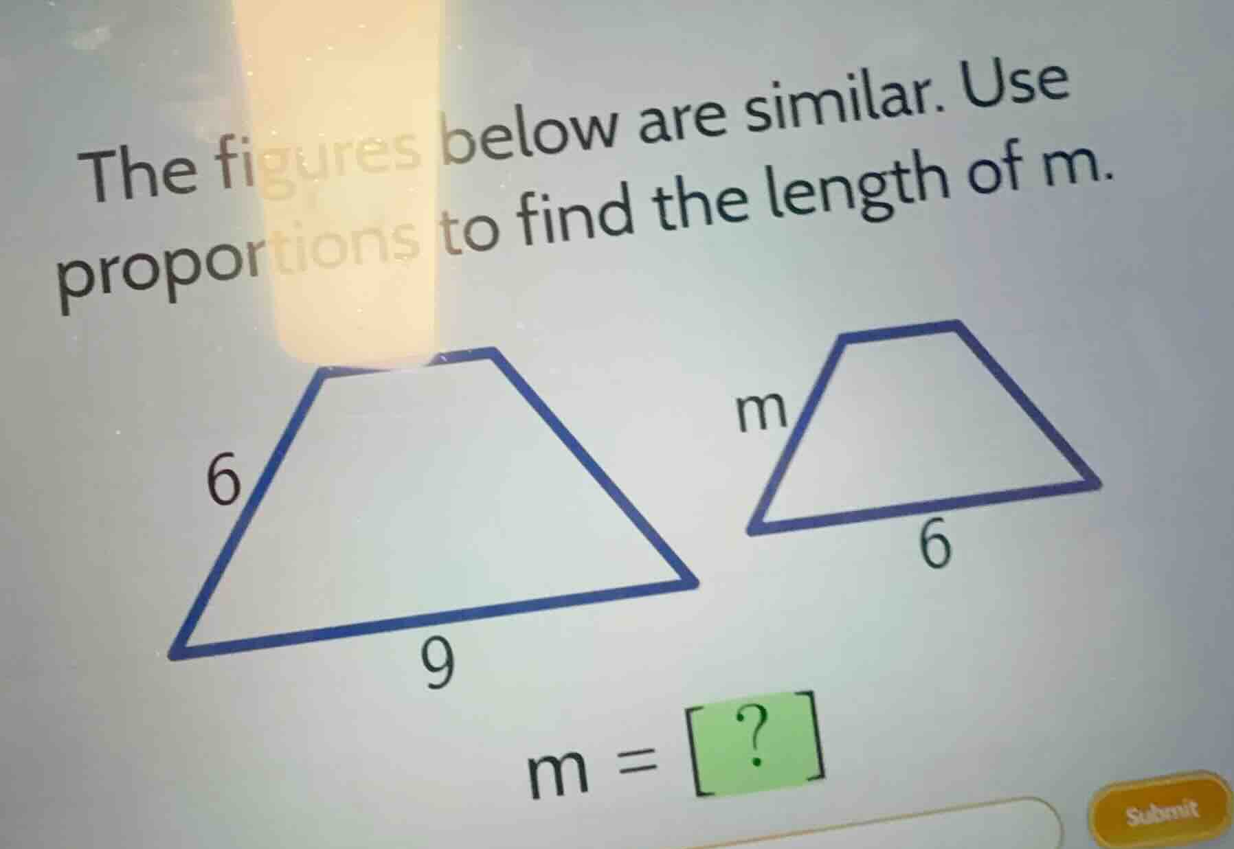 the figures below are similar. use proportions to find the length of m.…