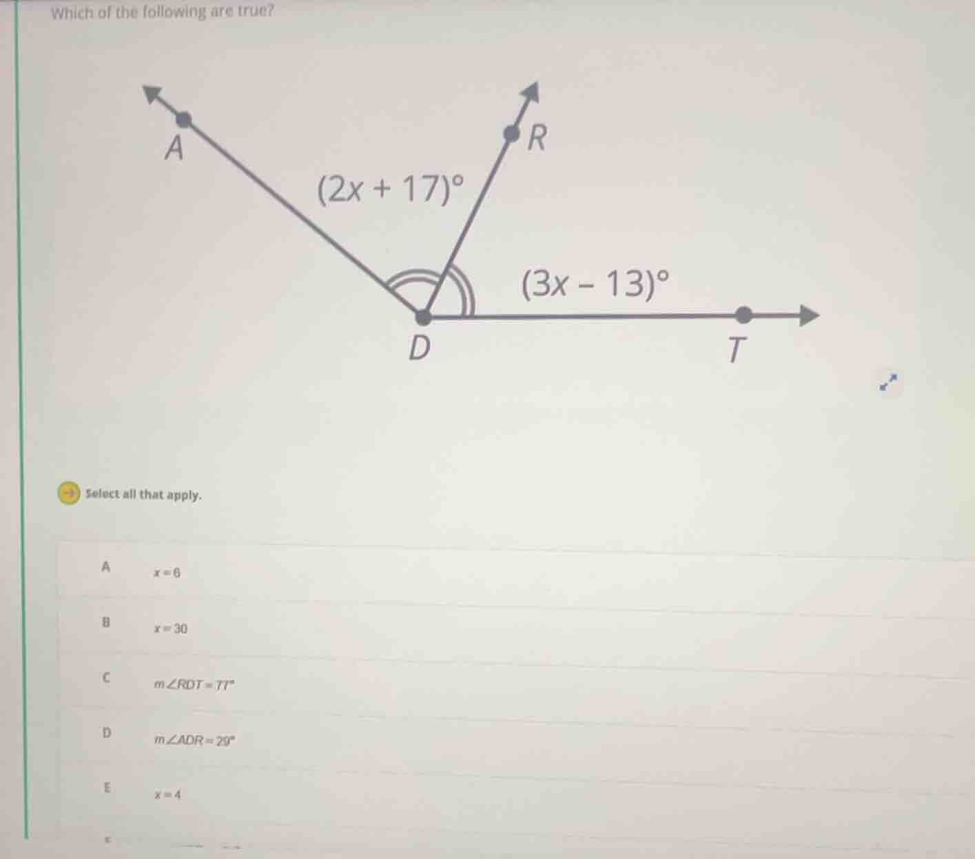 which of the following are true? select all that apply. a. \\(x = 6\\) …