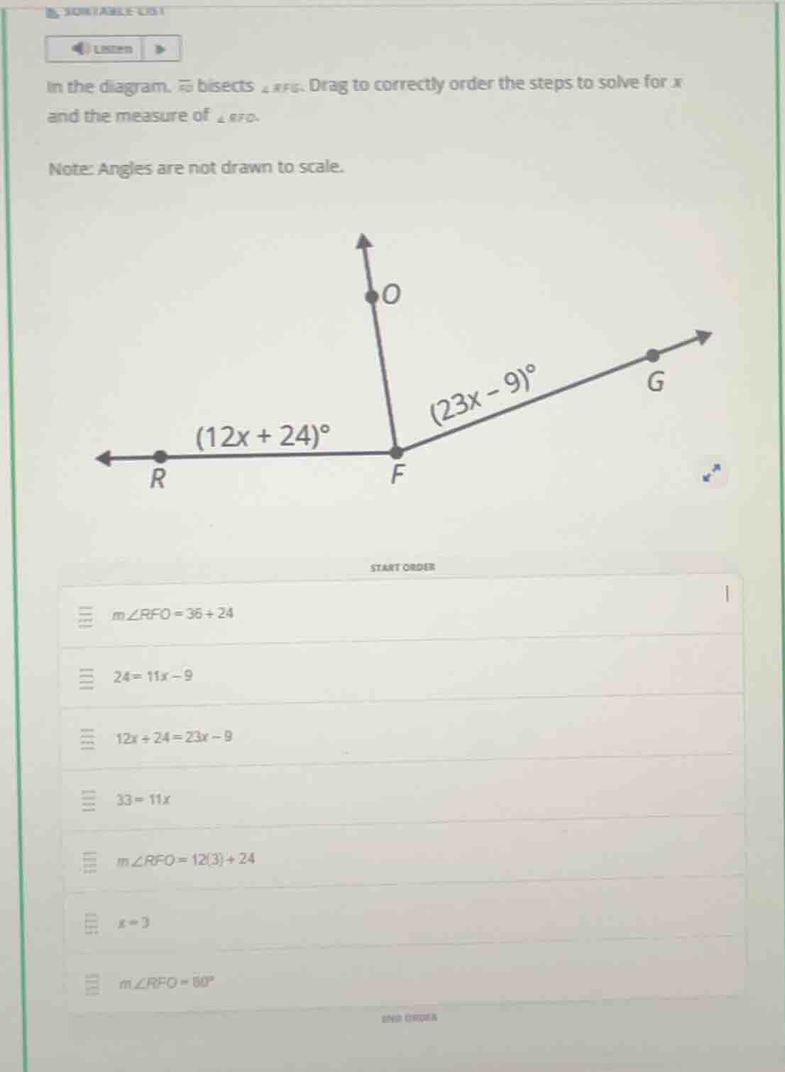 in the diagram, \\(\\vec{fo}\\) bisects \\(\\angle rfg\\). drag to corr…
