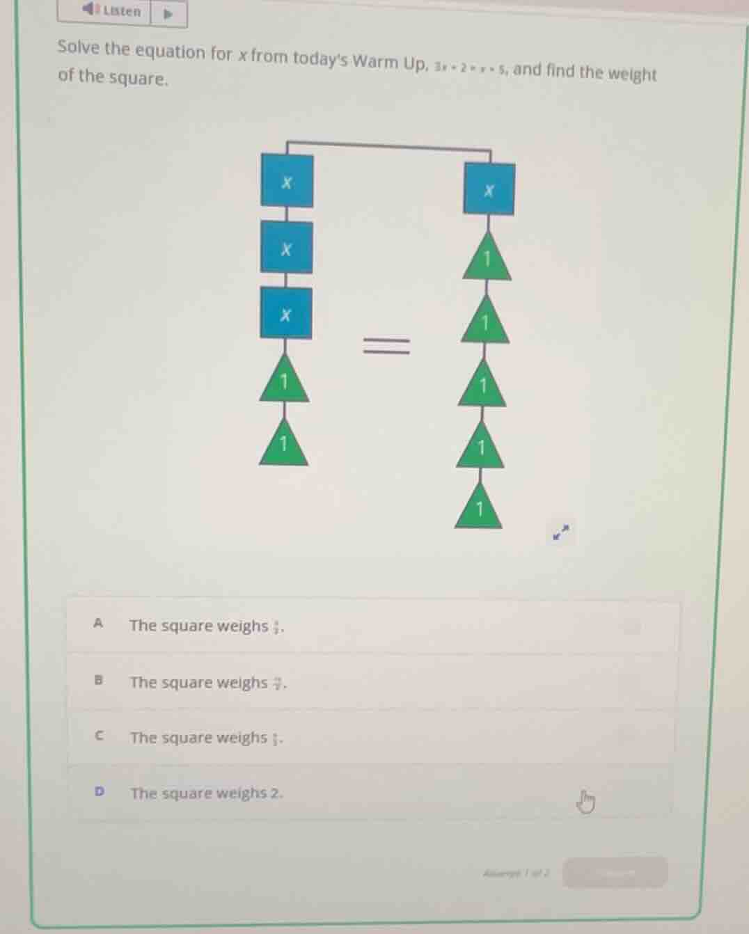 solve the equation for \\(x\\) from todays warm up, \\(3x + 2 = x + 5\\…