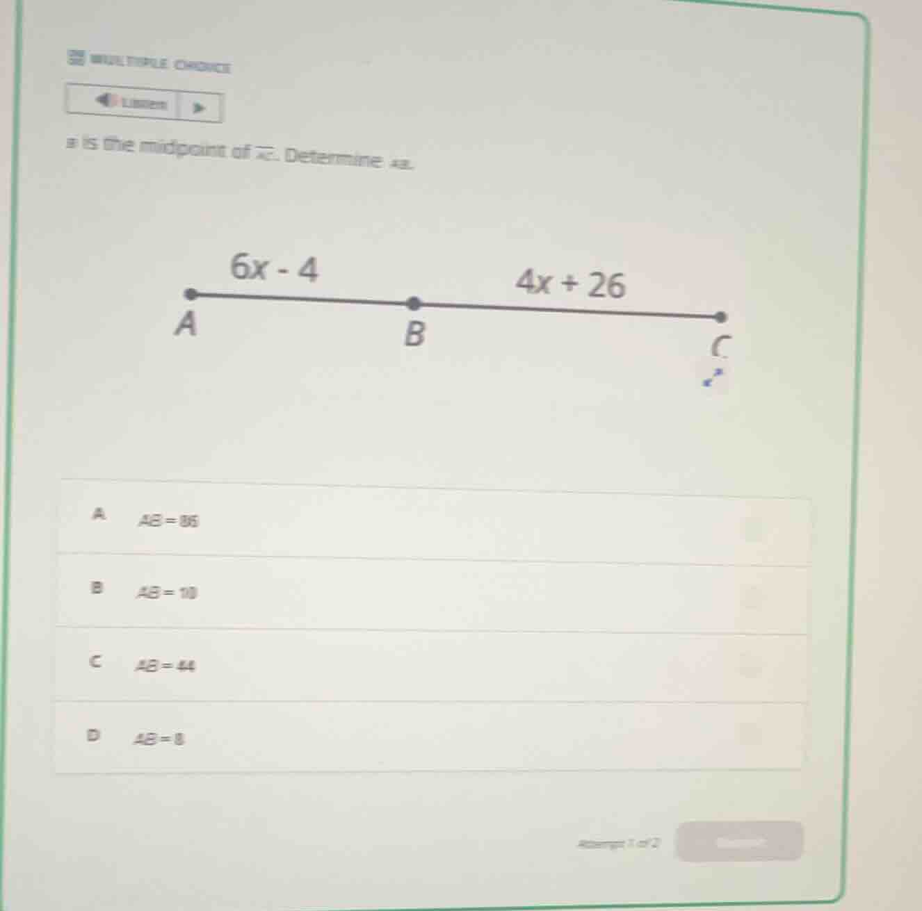 multiple choice b is the midpoint of ac. determine ab. image showing a …