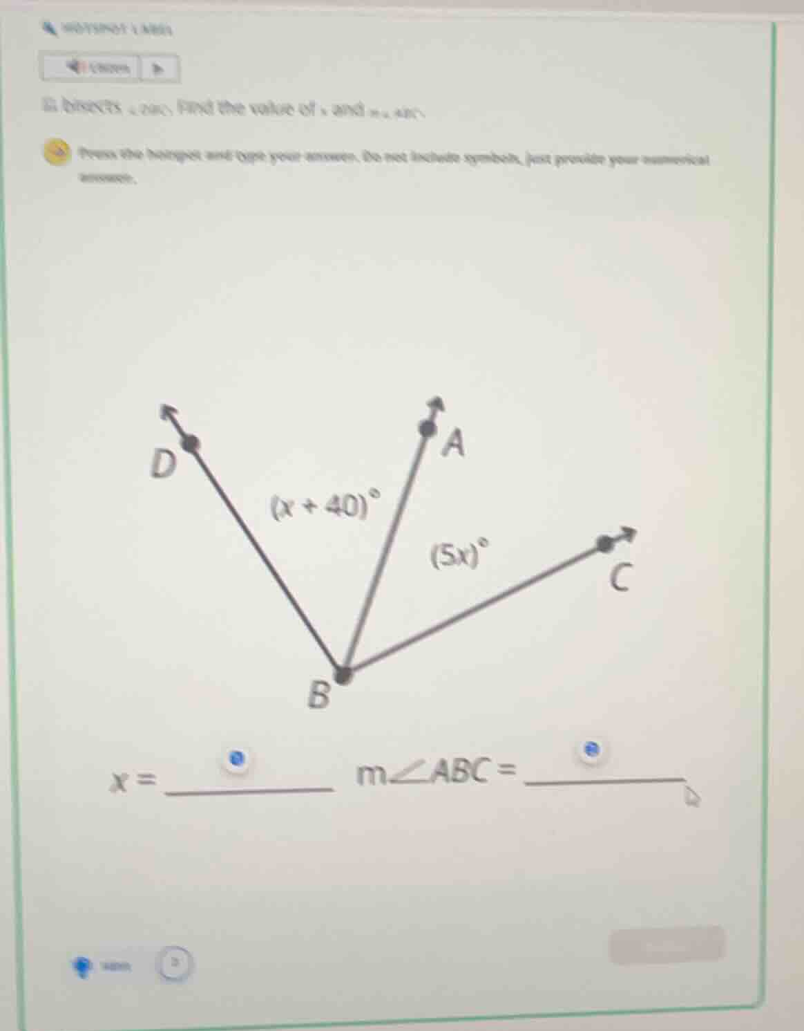bisects \\(\\angle dbc\\). find the value of \\(x\\) and \\(m\\angle ab…