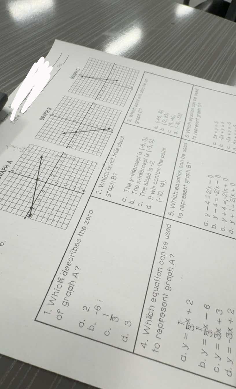1. which describes the zero of graph a? a. 2 b. -6 c. -\\frac{1}{3} d. …