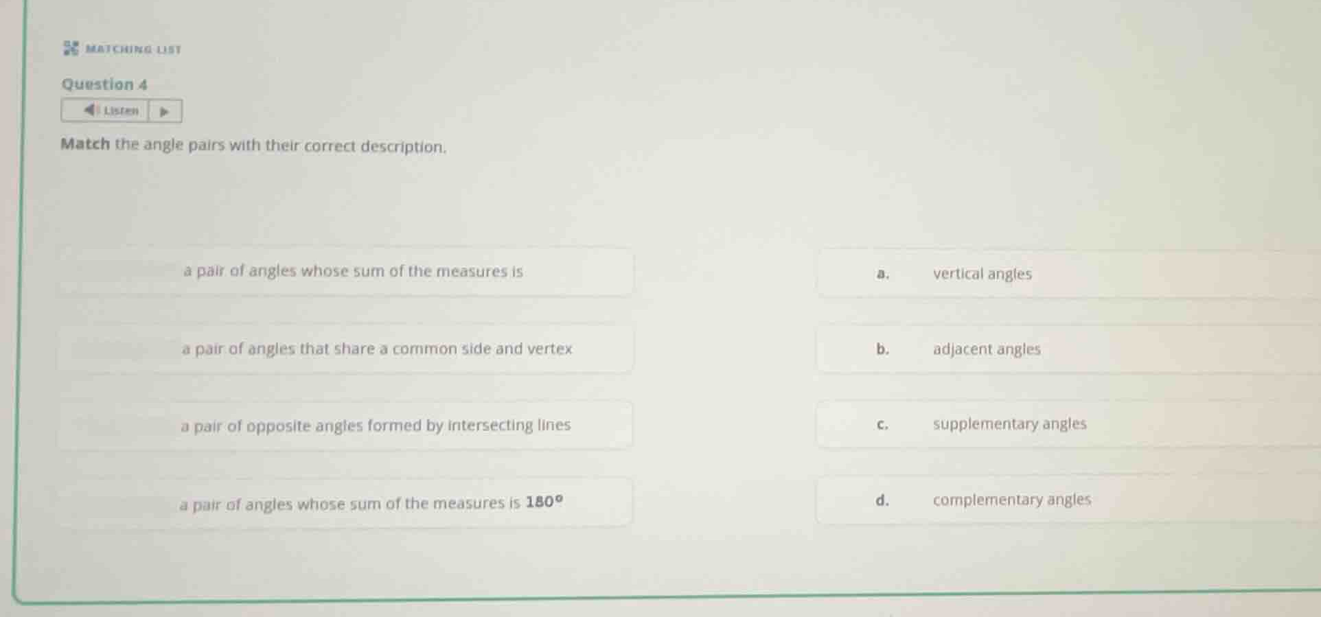 matching list question 4 match the angle pairs with their correct descr…