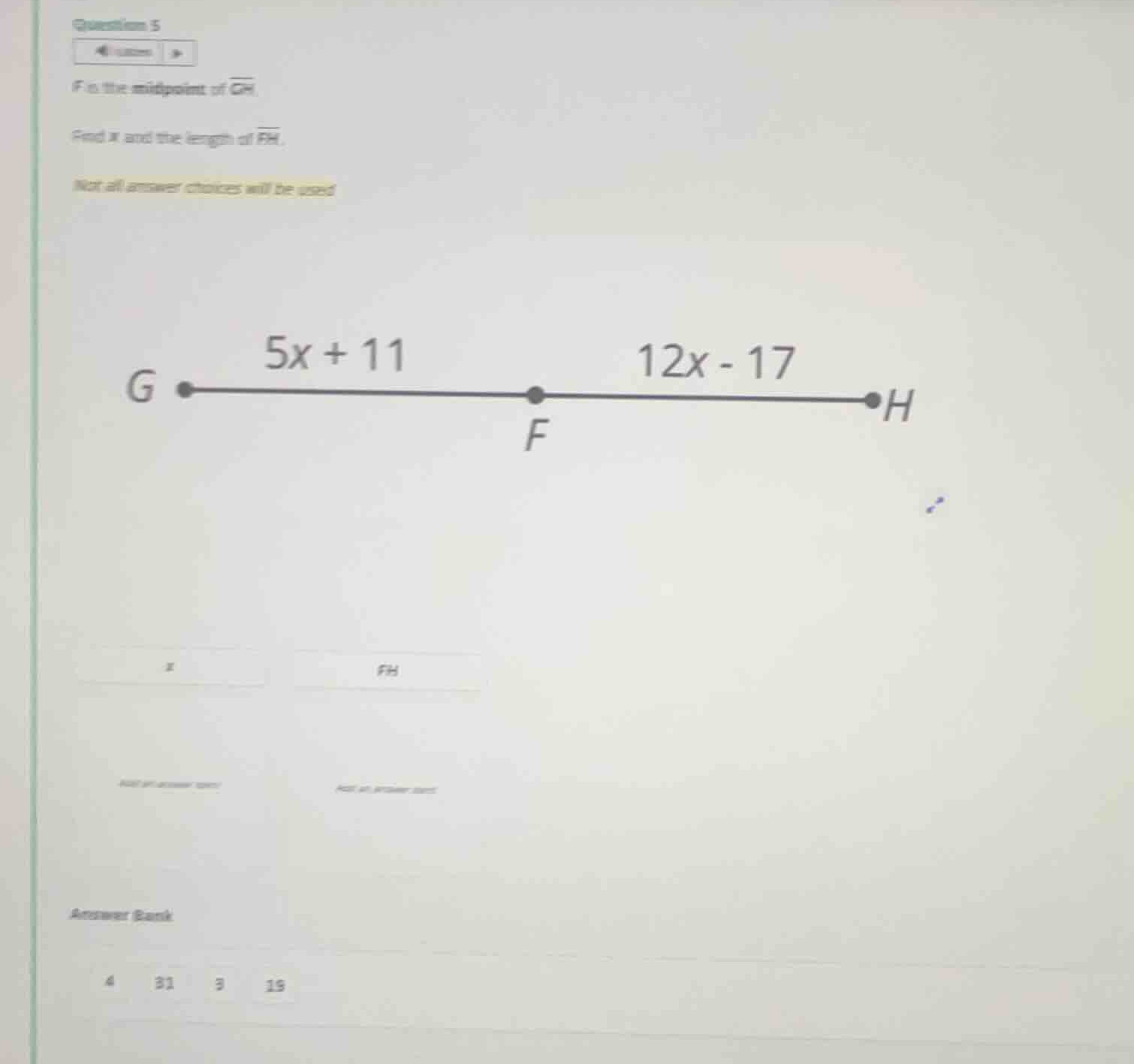 question 5 \\(f\\) is the midpoint of \\(\\overline{gh}\\). find \\(x\\…