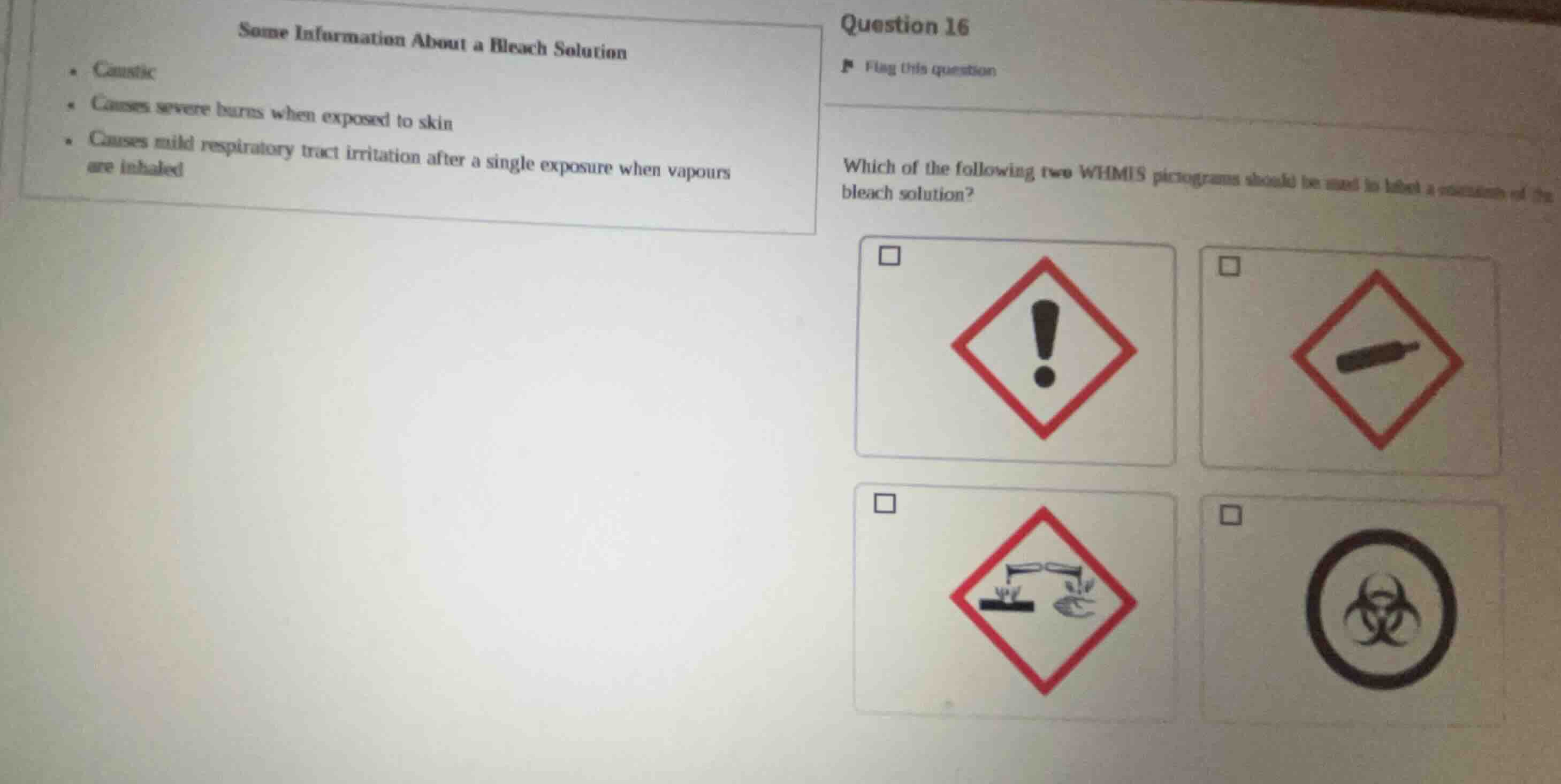 some information about a bleach solution * caustic * causes severe burn…
