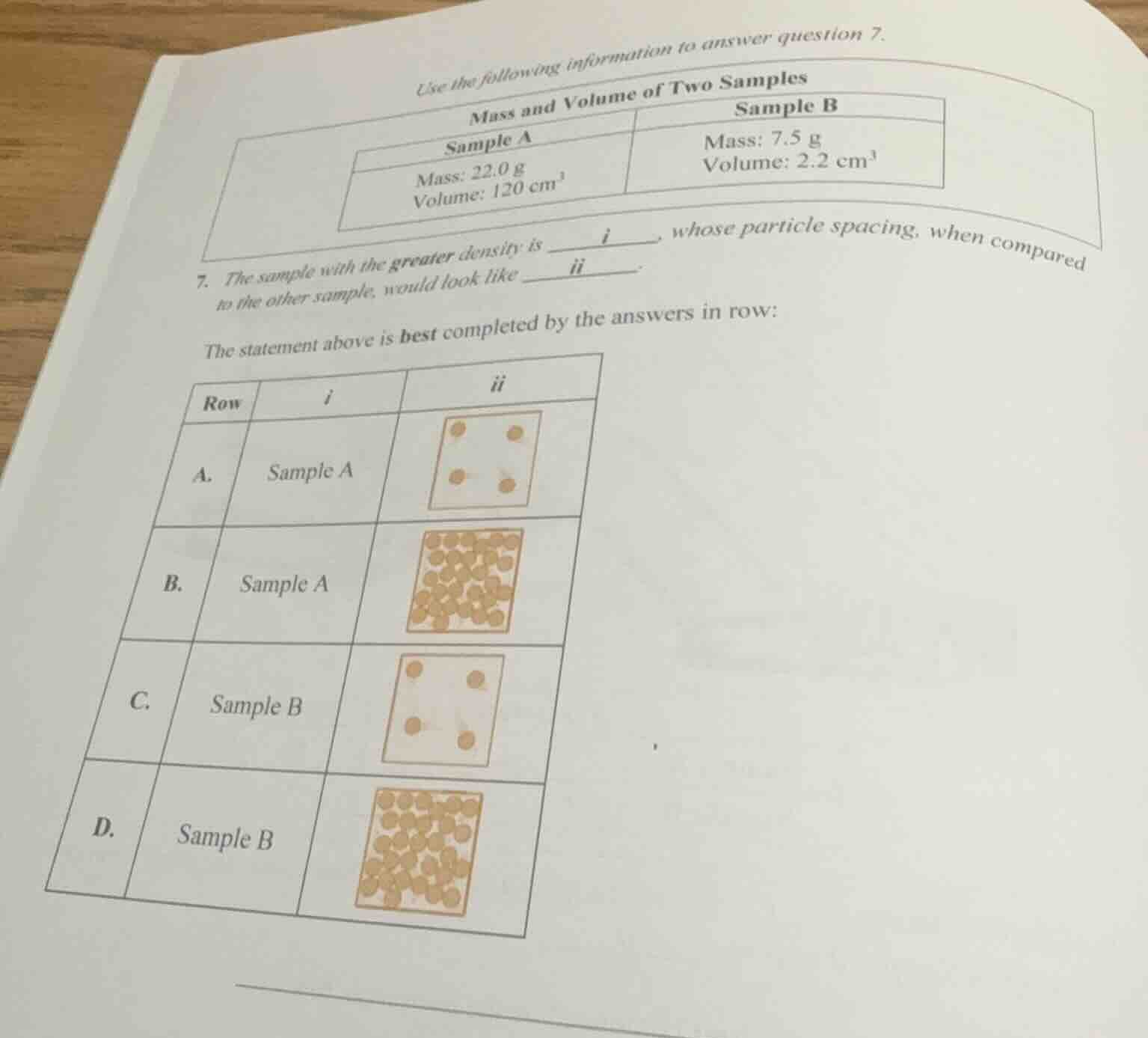use the following information to answer question 7. mass and volume of …