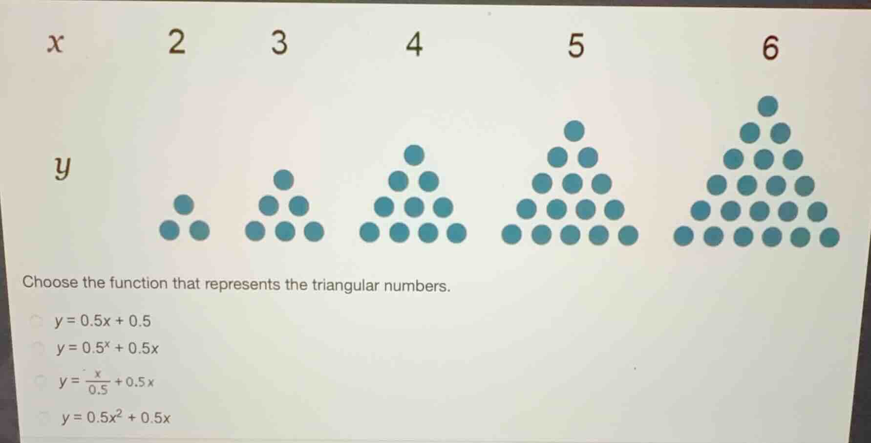 choose the function that represents the triangular numbers. \\(y = 0.5x…
