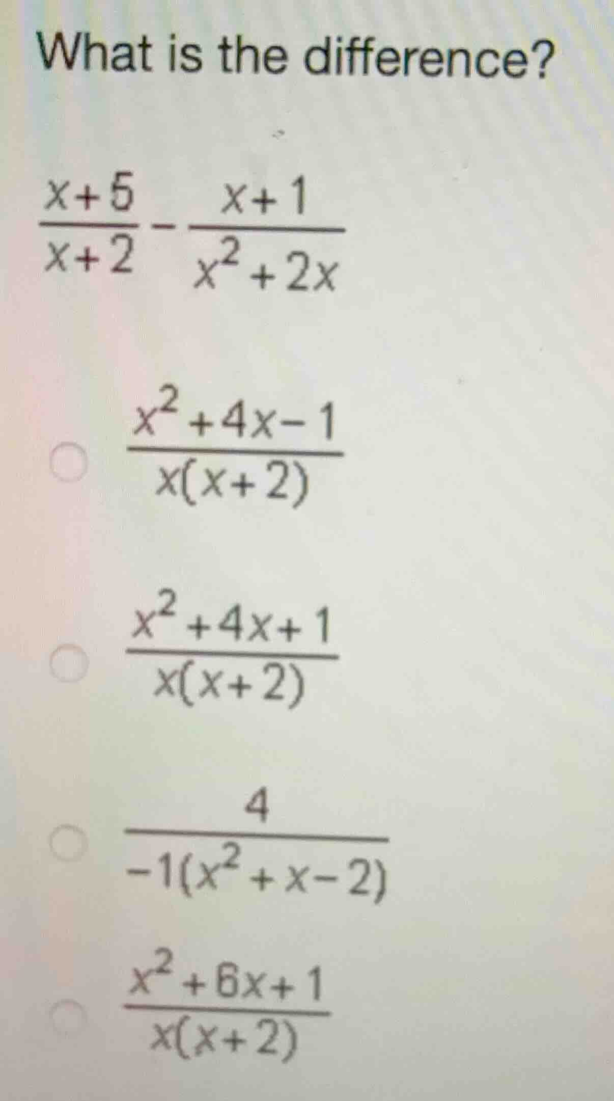 what is the difference? \\(\\frac{x+5}{x+2} - \\frac{x+1}{x^2+2x}\\) \\…
