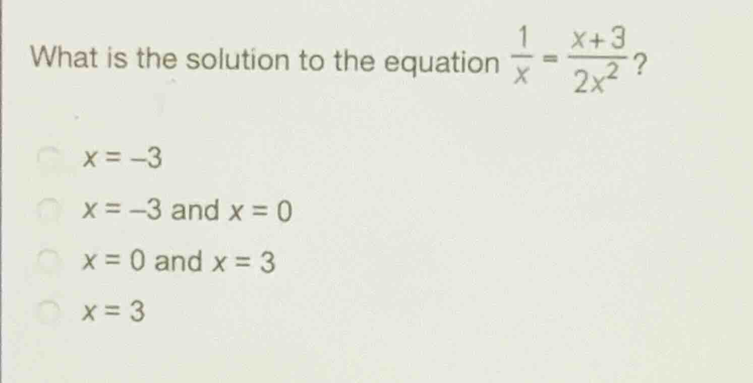 what is the solution to the equation \\(\\frac{1}{x} = \\frac{x + 3}{2x…