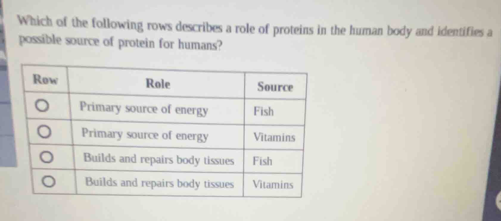 which of the following rows describes a role of proteins in the human b…