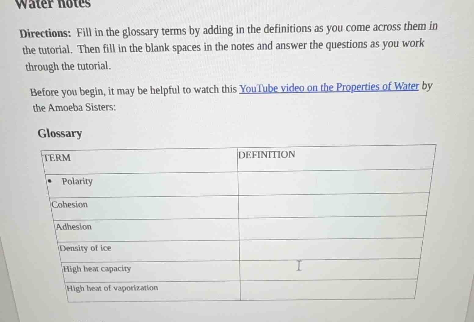 water notes directions: fill in the glossary terms by adding in the def…