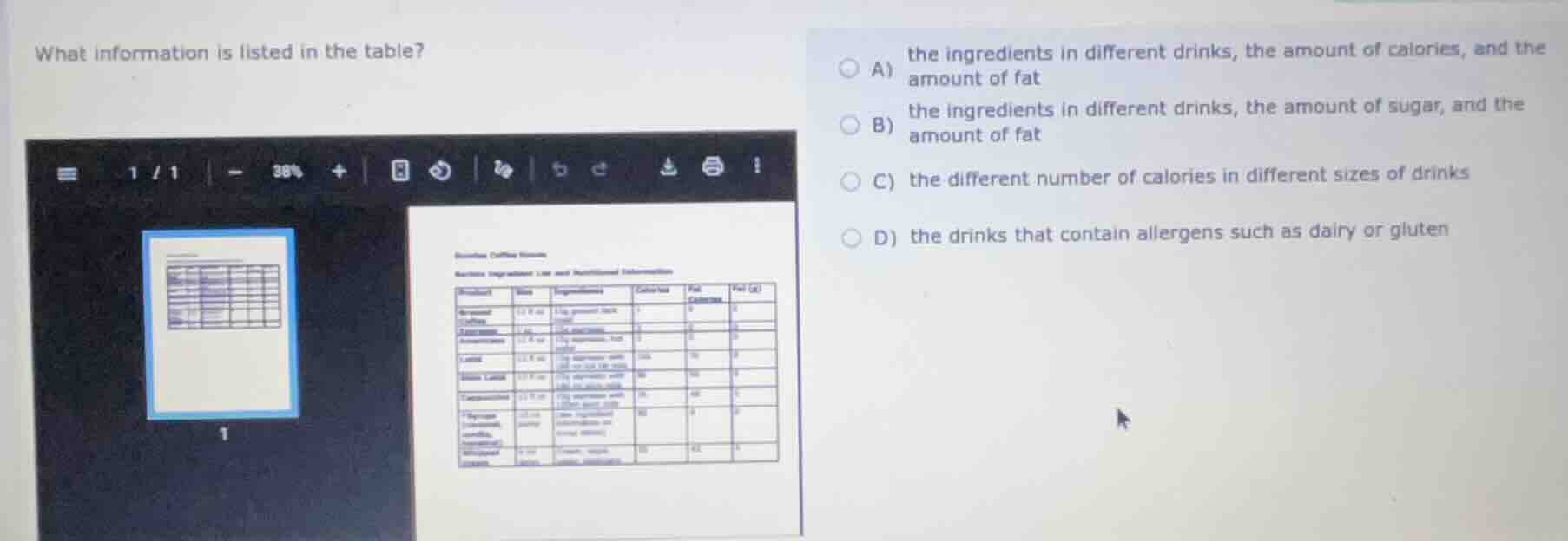 what information is listed in the table? a) the ingredients in differen…