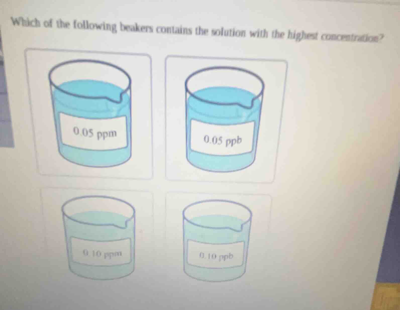 which of the following beakers contains the solution with the highest c…